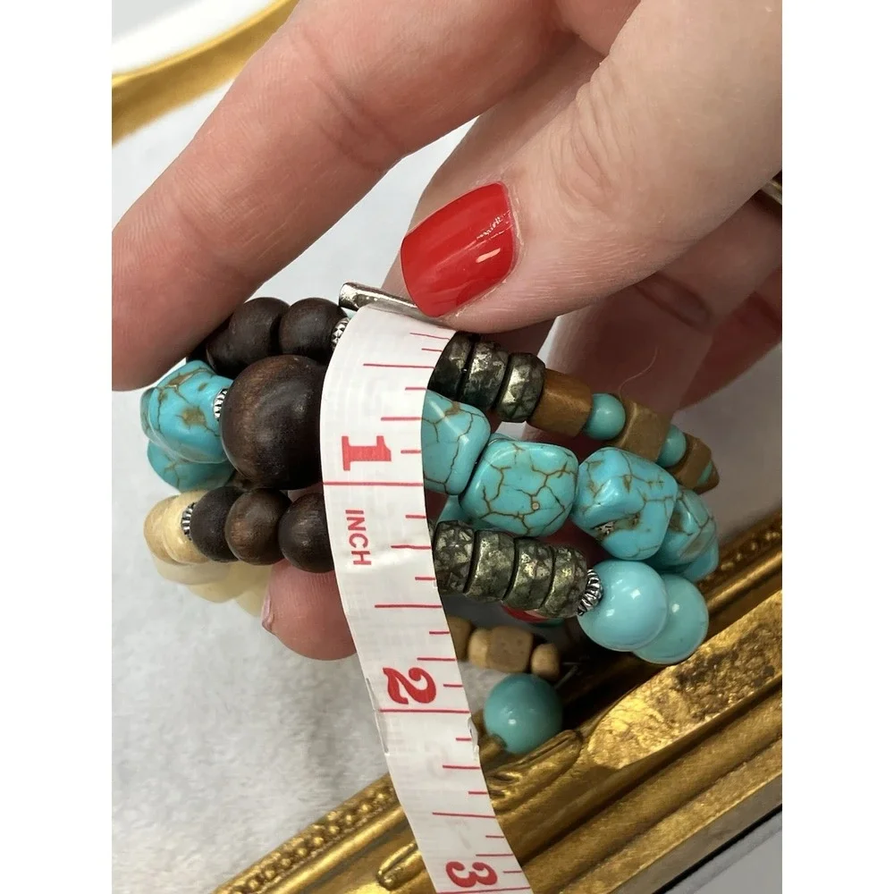 Vtg Faux Turquoise Blue Wood Coil Wire Wrap Bracelet Boho Hippie Cowgirl Western